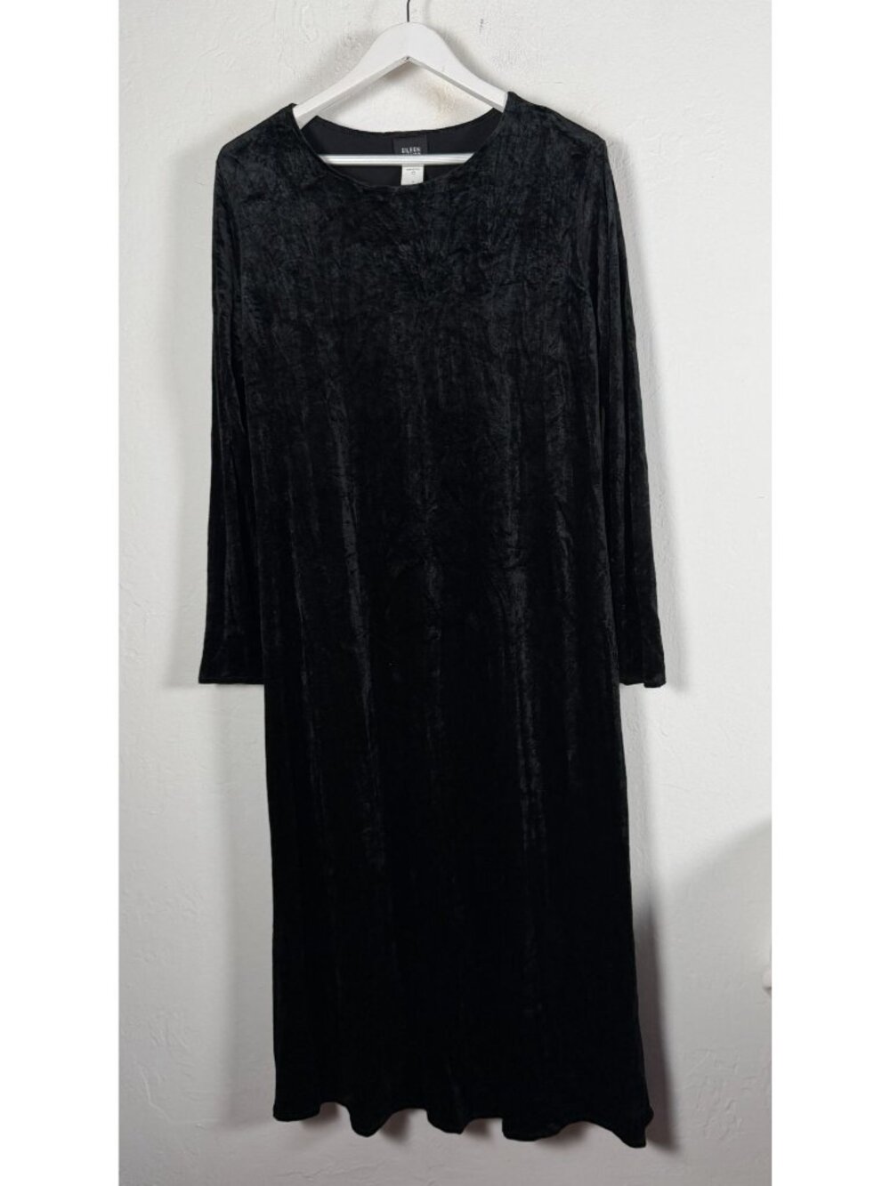 Eileen Fisher Womens Black Crushed Velvet Midi Dress Long Sleeve Large USA Made